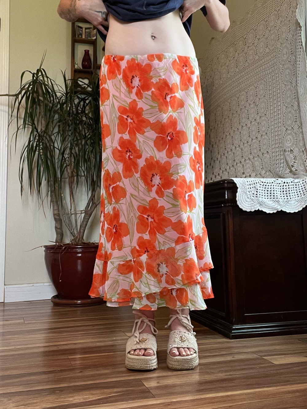 Cato large Y2K orange Hawaiian flower maxi skirt ruffle hem 2000s coastal